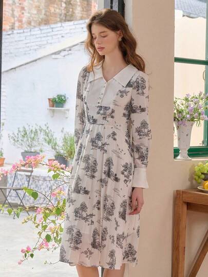 Simple Retro Women's Spring Peter Pan Collar Patchwork, Contrast Color Print, Elegant Elegant, Loose Casual Maxi Dress