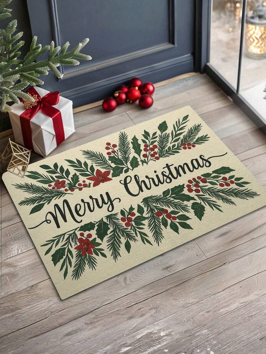 1PC Merry Christmas Doormat With Festive Greenery Design Holiday Indoor Outdoor Entrance Rug Non Slip Floor Mat For Home Decorations Christmas Party Decoration
