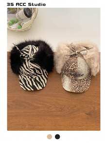 复古美式豹纹仿毛皮绒面飞行员帽，带护耳，保暖时尚，适合秋冬季节，户外活动、情侣装、Y2K美学 - 彩色 - 查看 1