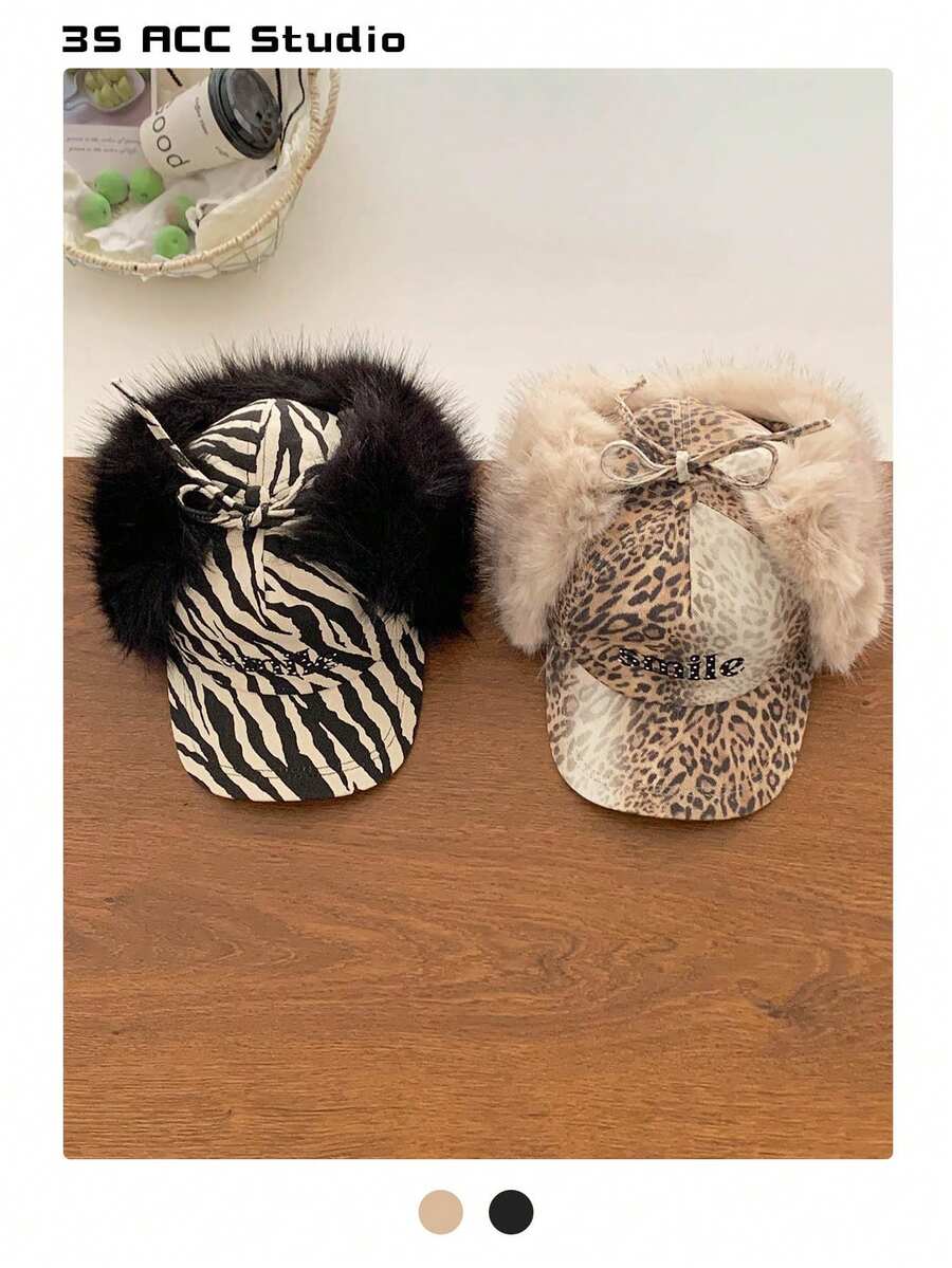 复古美式豹纹仿毛皮绒面飞行员帽，带护耳，保暖时尚，适合秋冬季节，户外活动、情侣装、Y2K美学 - 彩色 - 查看 1