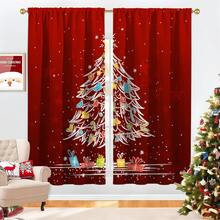 2PCS Christmas-Themed Brushed Fabric Digital Print Curtains, Lively And Playful Style Design With Red Background, Hand-Drawn Christmas Tree, Colorful Decorations And Gifts, Rod Pocket Installation, Semi-Transparent Polyester Fiber Material, Suitable For Living Room, Kitchen, Bedroom, Dining Room, Filling Your Home With Festive Atmosphere