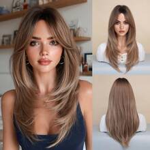 Elegant-24 Inch Layered Brown Wigs For Women, Long Straight Wigs With Curtain Bangs, High Density Fluffy Synthetic Heat Resistant Fiber Hair Wig For Daily Party Wear, Music Festival Party Use - 棕色 - 查看 12
