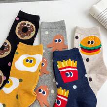 1 Pair/5 Pairs Women's Fashion Comfortable Fries, Burger, Donut, Cheese Cartoon Cute Mid-Calf Socks - Multicolor - View 6
