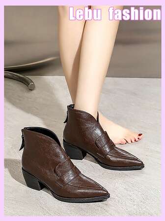 Women's Fashion Boots, Short Shaft Ankle Boots For Autumn/Winter, New Western Style French Chic Slim Pointed Toe High Heel Shoes, Thick Heel, Back Zipper, Minimalist Elegant Office Work Shoes, Casual Date Ankle Booties