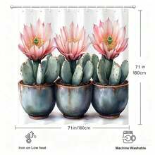 1Pc Cactus Flower Shower Curtain, Three Pink Blooming Cacti In Blue Pots, For Bathroom, Watercolor Botanical Style, Ideal For Cactus Fans & Minimalist Decor, Unique Shower Curtain For Bathrooms - 粉色 - 查看 5