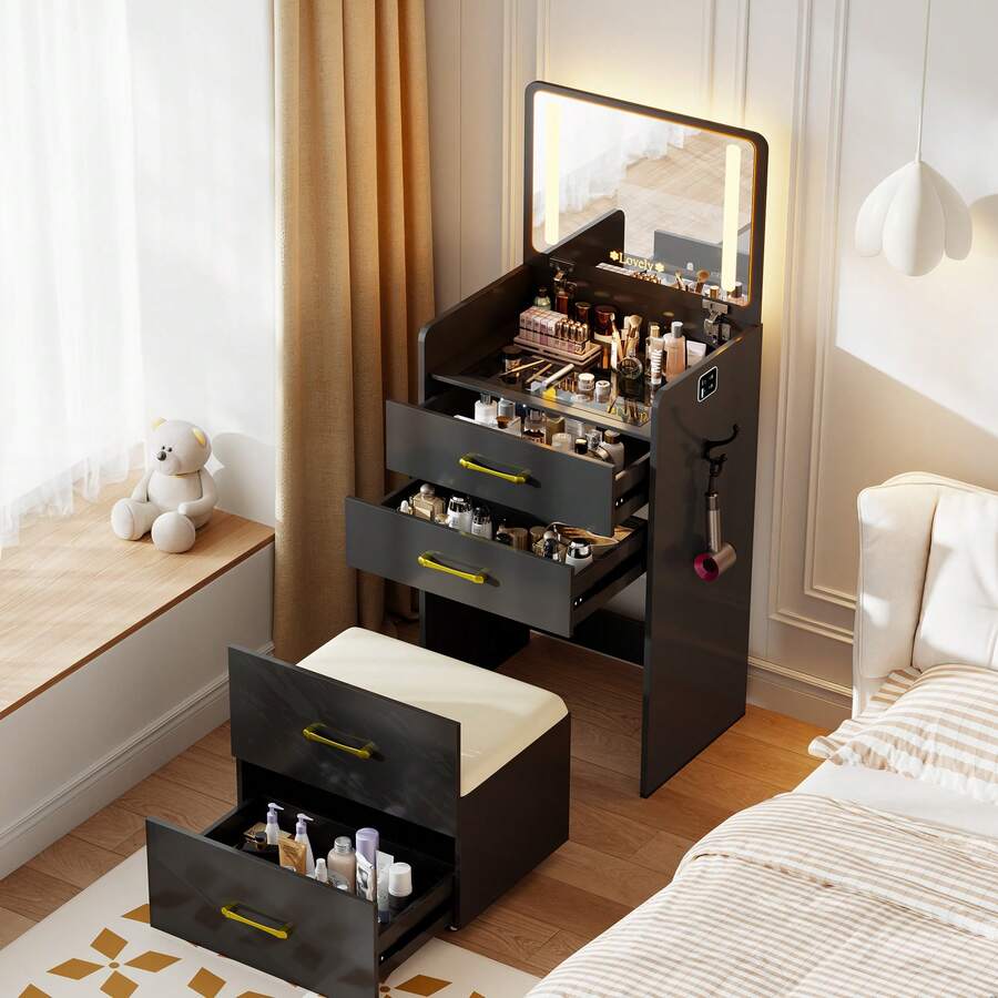 HNEBC Small Vanity  With LED Mirror For Bedroom,Dresser With Charging Station ,Desktop, 3 Drawers For Girls - View 1