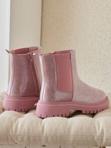 1 Pair Kids' Pink PU Round Toe Lace-Up Fashion Boots