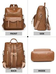 Elegant Retro College Style Backpack - Interpreting The Eternal Aesthetics Of Urban Commuting, Crafted With Premium PU Leather, Presenting A Delicate Matte Crinkle Texture, Soft Yet Durable And Wear-Resistant. Gold-Tone Zipper Pulls Accent The Main Compartment, Top Handle, Adjustable Wide Strap, Supports Hand-Held Or Backpack Carry, Multi-Compartment System - Multicolor - View 4