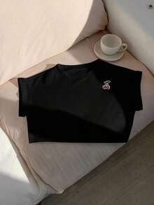 2026 SUMMER TopComfortcana Women's Casual Coffee Brown Round Neck Short Sleeve T-Shirt, SummerLoose And Comfortableshirt - 黑色2 - 查看 5