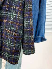 女士宽松格子翻领纽扣休闲长袖外套，带口袋，适合秋、冬、春季穿着。