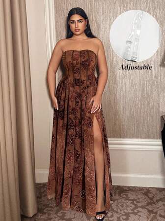 ชุดเดรสเกาะอกผ้าแจ็คการ์ดสีน้ำตาลประดับเลื่อมไซส์ใหญ่