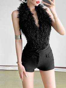 Top Dazzle Chic Women's Asymmetrical Backless Sexy Bodysuit Featuring Contrast Faux Fur Detail In Medium Stretch Polyester Vacation Travel Carnivals - Black - View 1