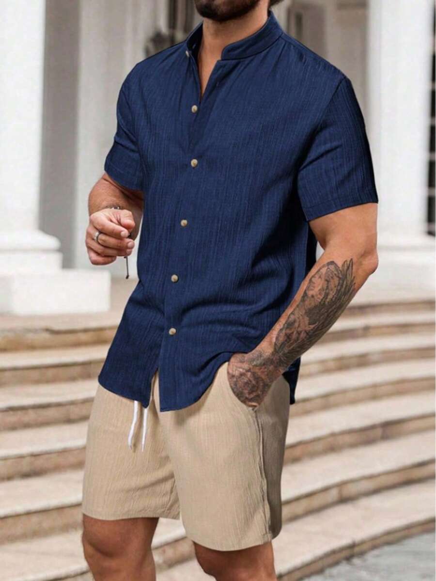 Conjunto informal de dos piezas para hombre (camisa de manga corta lisa + pantalón corto con cordón) - Azul - Ver 1