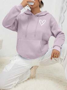 Winter Clothes For WomenINAWLY Heart Print Kangaroo Pocket Drop Shoulder Drawstring Hoodie,Long Sleeve TopsLoose And Comfortablesudaderas De Mujer - Đỏ - Xem 7