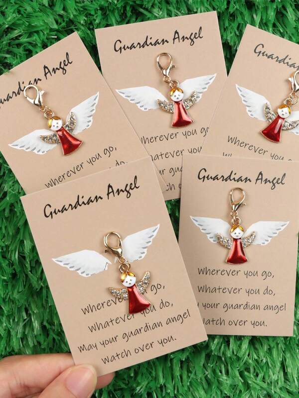 Set da 5 pezzi di portachiavi natalizi con angeli rossi e dorati con moschettone - Eleganti ciondoli di angeli alati rosso lucido con volto bianco e alone, fiocchi trasparenti e occhi espressivi - Durevole set da collezione, regalo perfetto per borse, zaini, decorazioni natalizie, decorazioni natalizie, portachiavi da donna, portachiavi carini, bomboniere