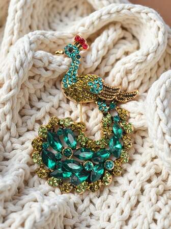 1pc Luxury Peacock Feather Brooch With Rhinestone, Vintage Elegant Fashion Accessory