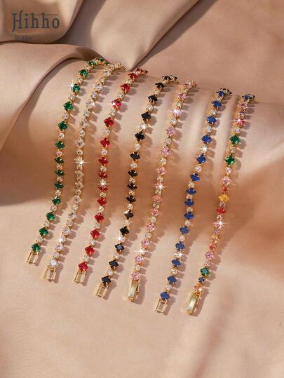 Hihho 1pc Colorful Tennis Chain Bracelet, Mixed Color Inlaid Copper Zirconia Oxidized Rainbow Tennis Bracelet, Women's Jewelry, Suitable For Women's Daily Decoration, Holiday Party Gift, Christmas Jewelry