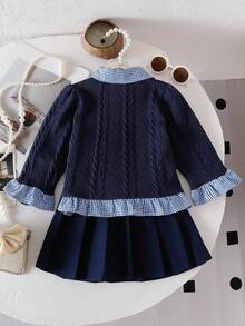 2pcs/Set Girls' Plaid Patchwork Cable Shirt And Pleated Skirt, Sweet & Cool Style, Cute Street Style, Elegant & Graceful School Look