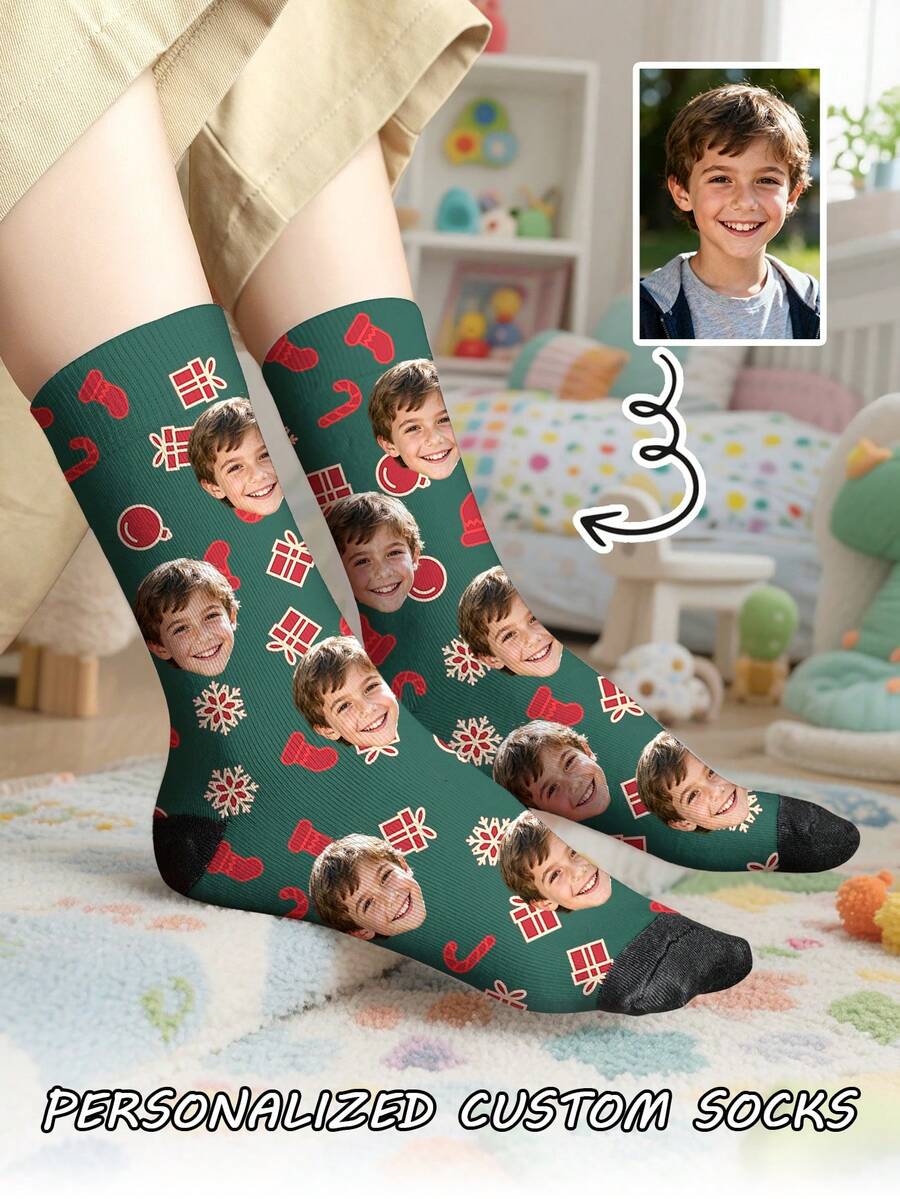 1 par de meias infantis de cano médio com estampa natalina personalizada, meias unissex para meninos e meninas, personalizadas com fotos, meias divertidas para casais, confortáveis e respiráveis, design criativo de desenho animado, presentes perfeitos para feriados, aniversários e Dia dos Namorados, meias divertidas, malucas, de anime, multicoloridas. - Multicolorido - Ver 1