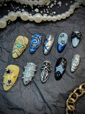 10pcs Of Luxurious And Noble Pure Handmade Nail Art, Chic Almond-Shaped Press On Nails Set,Y2K Baddie Style,3D Three-Dimensional Decoration Heart Star ,Bow,Yellow,Blue,Sliver Nail, Suitable For Parties, Occasions Daily Wear, Tool Kit Included, Great Gift ForWomen And Girls,With 1 Jelly Pad And 1 Nail File,