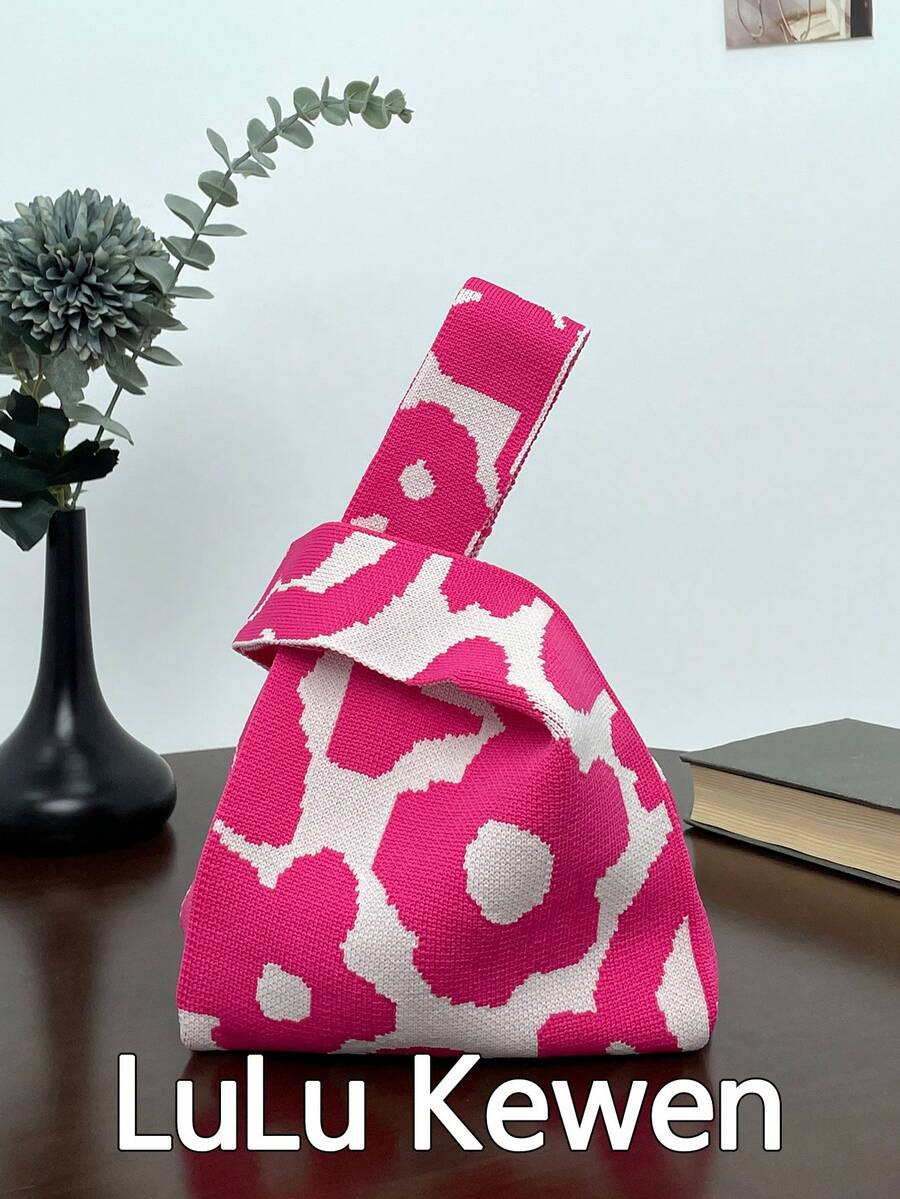 lulu kewen 1pc Floral Pattern Crochet Handbag, Mini Crochet Tote Bag With Floral Design, Breathable And Lightweight, Foldable Pocket Suitable For Storing Phone, Umbrella, Cosmetics, Fashion Women Handbag For Vacation, School, Commuting - Hot Pink - View 1