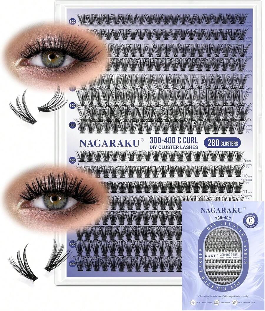 EstiloNAGARAKU Grupos De PestañAs, Racimos PestañAs DIY Todo En 1 Con 280 PestañAs Individuales Grupos De Extensiones De PestañAs Postizas, Bandas Finas Para Principiantes DIY-30D&40D Negro, 0.07C, 9-15MmVersióN Mejorada