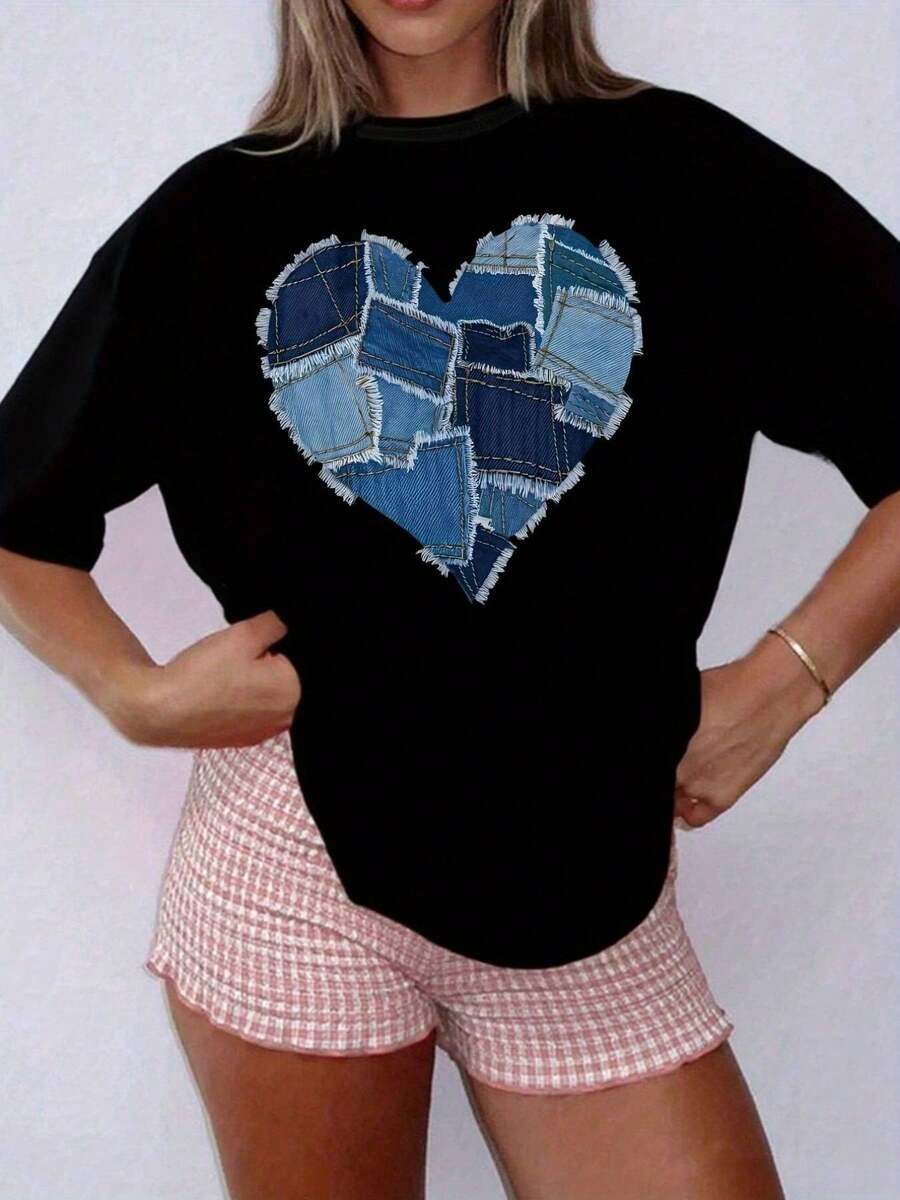 Camiseta de Denim con Estampado de Corazones para Mujer Talla Grande - Blusa Casual de Cuello Redondo y Manga Corta, Diseño Patchwork, Tejido No Transparente, Ideal para Todas las Temporadas