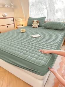 Sábana bajera impermeable, funda de colchón, cómoda y agradable para la piel, con estampado de cuadros lisos, decoración minimalista, sábana bajera ajustable para tamaños individual, matrimonial, king y queen, ideal para todas las estaciones, lavable a máquina, regalo para el Día de la Madre. - Verde - Ver 1