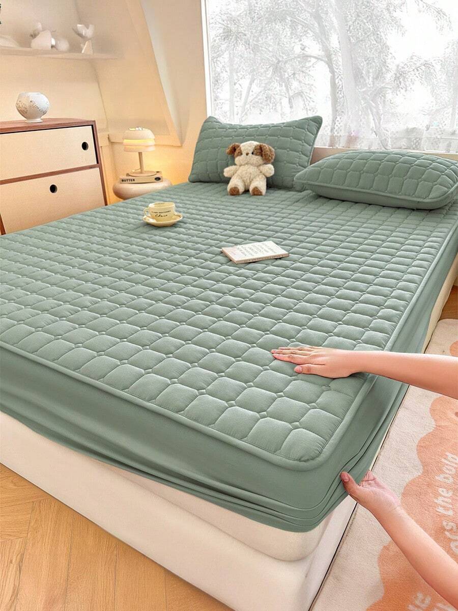 Sábana bajera impermeable, funda de colchón, cómoda y agradable para la piel, con estampado de cuadros lisos, decoración minimalista, sábana bajera ajustable para tamaños individual, matrimonial, king y queen, ideal para todas las estaciones, lavable a máquina, regalo para el Día de la Madre. - Verde - Ver 1