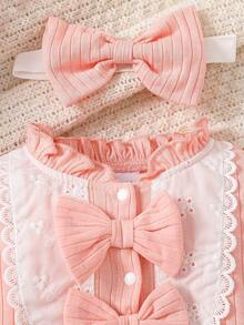 Newborn Baby Girl Knitted Pink Ribbed Cute Ruffle Collar Lace Patchwork Double Bow Snap Button Long Sleeve Jumpsuit With Headband (Suitable For 1st Birthday Gift And Daily Wear)