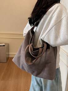 Large Capacity Green Canvas Tote Bag, Minimalist Japanese Style, Suitable For Commuting, Shoulder Strap, Casual, Versatile, Fits Daily Use, Office, School, Shopping, Suitable For Women, College Students, Young Professionals - Coffee Brown - View 7
