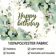 1pc Green Plant Birthday Background, Succulents And Eucalyptus Leaves Birthday Party Photography Background, Polyester Material, Blooming Eucalyptus Leaves Photo Background, Happy Birthday Party Decoration Supplies For Christmas Decorations, Indoor And Outdoor Wall Decoration, Multiple Sizes, Party Supplies