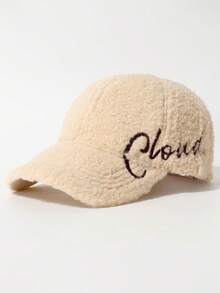 Classic Solid Color Faux Shearling Embroidered Letter Baseball Cap, Fashionable Outdoor Upgrade Women's Charm, Versatile Fluffy Baseball Cap, Embroidered Letter Casual Streetwear Party Cap, Polyester, Autumn/Winter