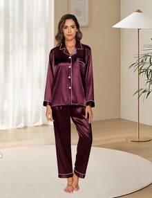 Garqitwan Pijama para Mujer, Conjunto de Pijamas de Mujer con Manga Larga de satén, Pijamas Finos y Cómodos Sleepwear S-XXL - Champán - Ver 10