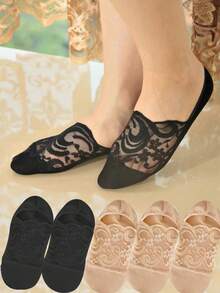 1/5双装 女士蕾丝隐形透明夏季不露踝短低帮袜套装 硅胶防滑船袜 圣诞礼物 - 常規款 - 查看 2
