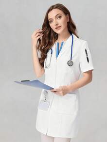 cimmuovere Women's Long Sleeve V-Neck Scrubs Nurse Scrubs Workwear Dentist Healthcare Pet Hospital Laboratory Coat White Spring - White - View 4