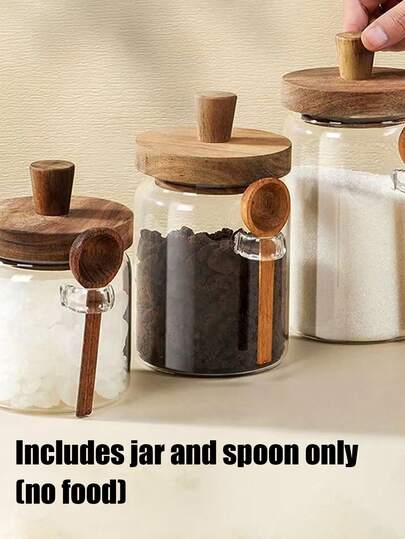 1pc Glass Coffee Canister With Spoon, Airtight Food Storage Container With Lid, Suitable For Storing Coffee Beans, Dried Fruits, Meal Prep, Yogurt, Chia Seeds, Cereal, Sugar, Pudding, Milk, Breakfast, Takeout Meals And Snacks, Comes With Wooden Spoon And Lid.