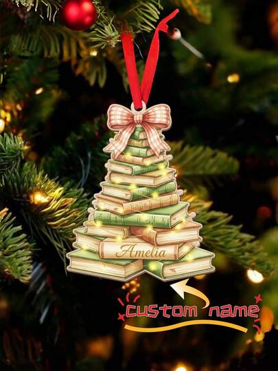 1PC Personalized Book-Tree Ornament – Print Name On Acrylic Christmas Decoration, Perfect Gift For Book Lovers, Teachers & Reading Enthusiasts, Holiday Keepsake For Tree, Mantel, Classroom & Library Decor