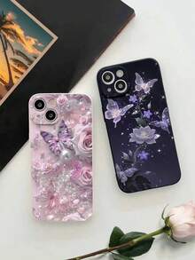 2pcs Couple Rose Faux Pearl Butterfly Painted Drop-Proof Phone Case Compatible With Iphone 14 Pro Max, 13, 11, XR, 7/8, IPhone 15, 16, 16 Pro Max, Galaxy S24, A04, A12, A13, A14, A21s, A22, A23, A24, A32, A33, A34, A51, A52, A53, A54, A71, A72, A73, S20 FE, S21, S22, Redmi 9, 9A, 10A, 10C, Redmi Note 9, 10, 11, 12, 12C Waterproof Shockproof Anti-Fall Scratch Resistant - Multicolor - View 2