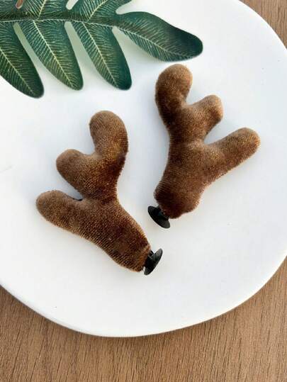 2pcs Christmas Reindeer Horn Plush Detachable Decorative Accessories (Not One-Piece Buckle), Red & Brown