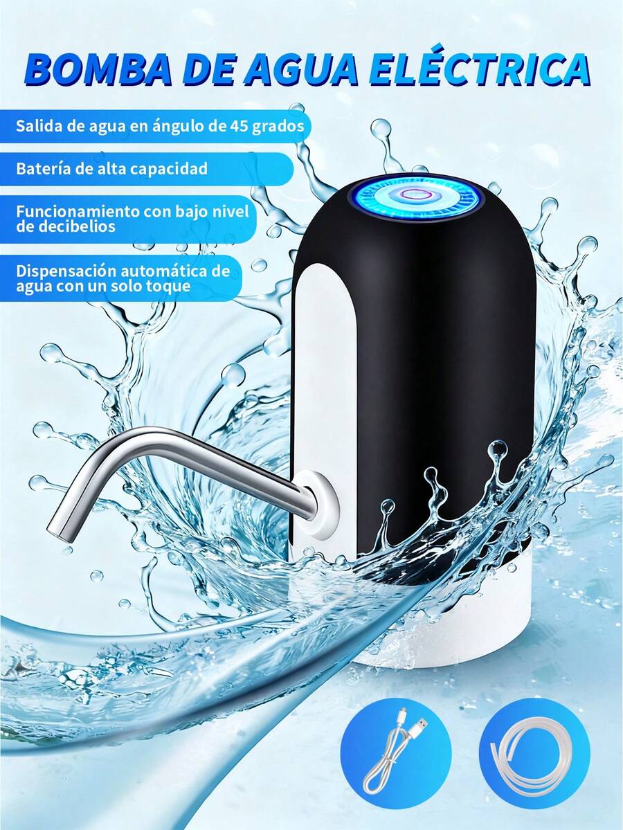 Dispensador automático de agua recargable con luz LED, gadget moderno para agua potable, batería de larga duración y luz integrada para uso nocturno, fácil transporte y recarga, ideal para hogares y oficinas, recomendado para mayor comodidad y ahorro de tiempo, compatible con botellas universales. - Blanco y Negro - Ver 1