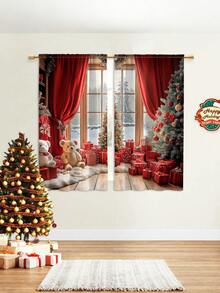 2PCS Christmas-Themed Brushed Fabric Digital Print Curtains, Luxurious Warm And Playful Style Design With Red Curtains, Christmas Tree, Teddy Bears And Gift Piles, Rod Pocket Installation, Semi-Transparent Polyester Fiber Material, Suitable For Living Room, Kitchen, Bedroom, Dining Room, Filling Your Home With Festive Atmosphere