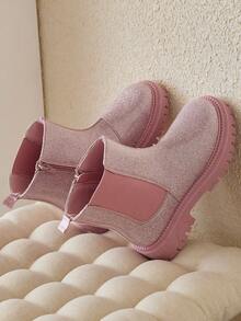 1 Pair Kids' Pink PU Round Toe Lace-Up Fashion Boots