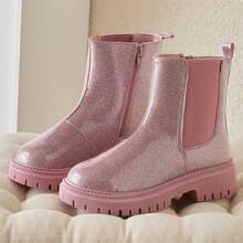 1 Pair Kids' Pink PU Round Toe Lace-Up Fashion Boots
