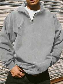 男士半拉链立领长袖运动衫，针织套头衫，宽松版型，适合春秋季节，健身房锻炼训练户外跑步学校日常穿着，纯色休闲百搭 - 淺灰色 - 查看 1