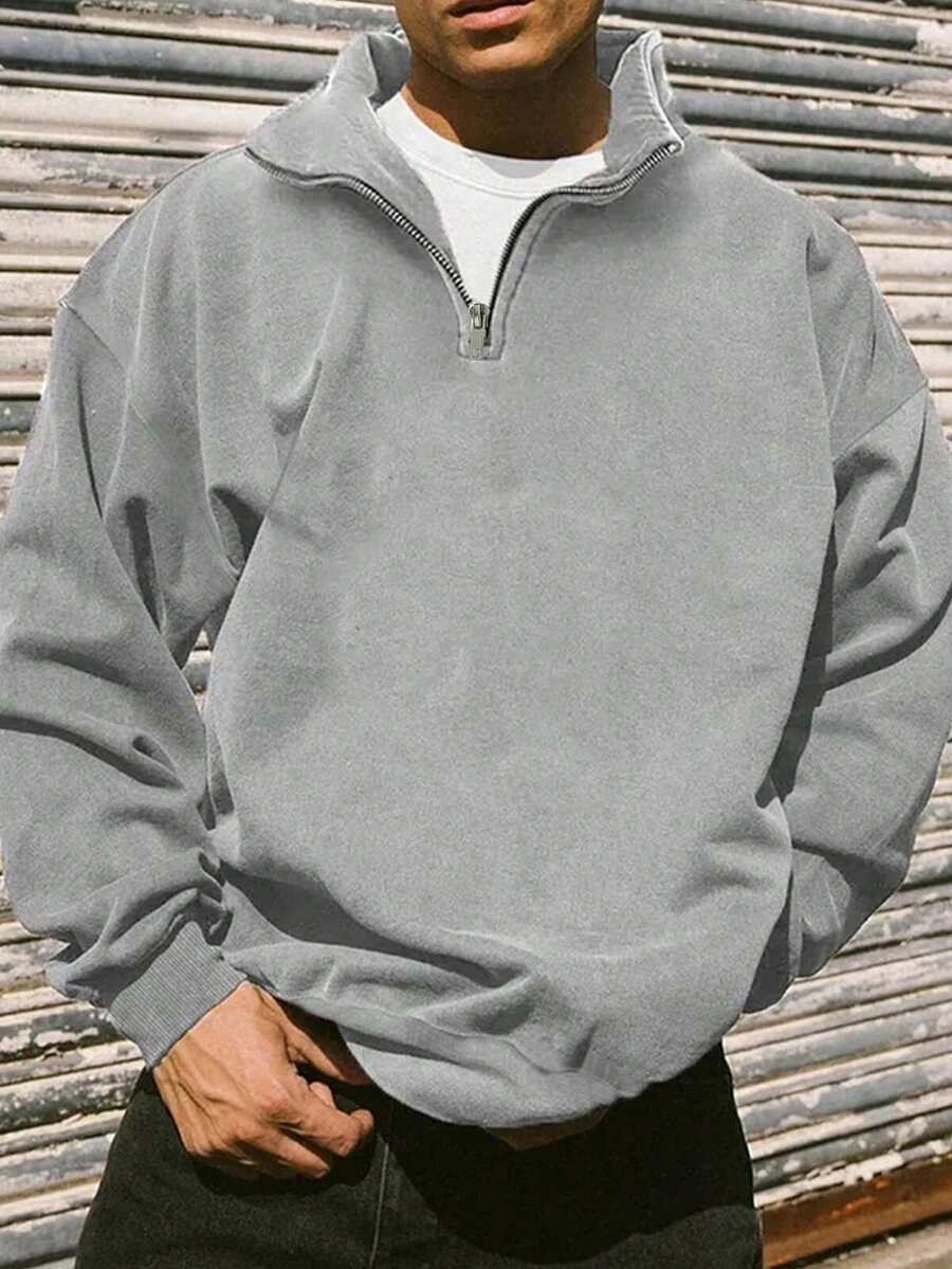 男士半拉链立领长袖运动衫，针织套头衫，宽松版型，适合春秋季节，健身房锻炼训练户外跑步学校日常穿着，纯色休闲百搭 - 淺灰色 - 查看 1