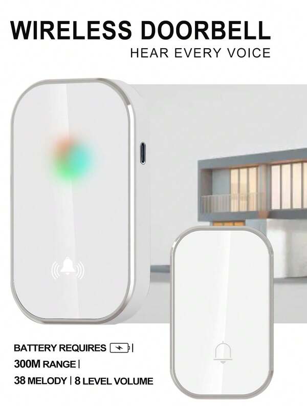 Wireless Doorbell, Long Range Home Welcome Chime, 38 Ringtones 7 Volume Levels Indoor Music Doorbell, Silent Lighting Reminder Caller, Suitable For Garden/Living Room/Garage/Bedroom/Entrance, Powered By 3*AAA Batteries Or USB Charging