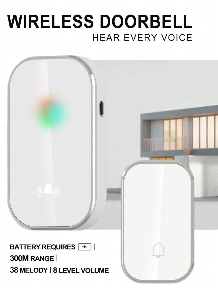 无线门铃，远距离迎宾铃声，38种铃声，7级音量，室内音乐门铃，静音照明提醒来电器，适用于花园/客厅/车库/卧室/入口，可使用3节AAA电池或USB充电供电 - 銀 - 查看 1