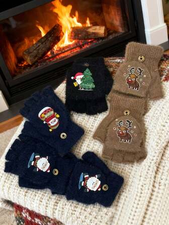 1 双圣诞手套，加厚毛绒针织卡通防寒保暖手套，户外骑行办公学生写作适用，触屏翻盖露指手套