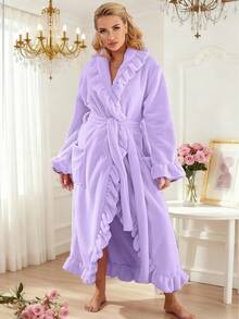 2件装女士超柔软荷叶边加厚绒袍，荷叶边时尚长袍带侧袋，保暖长款浴袍，毛绒SPA袍，家居服，睡衣 - 彩色 - 查看 3